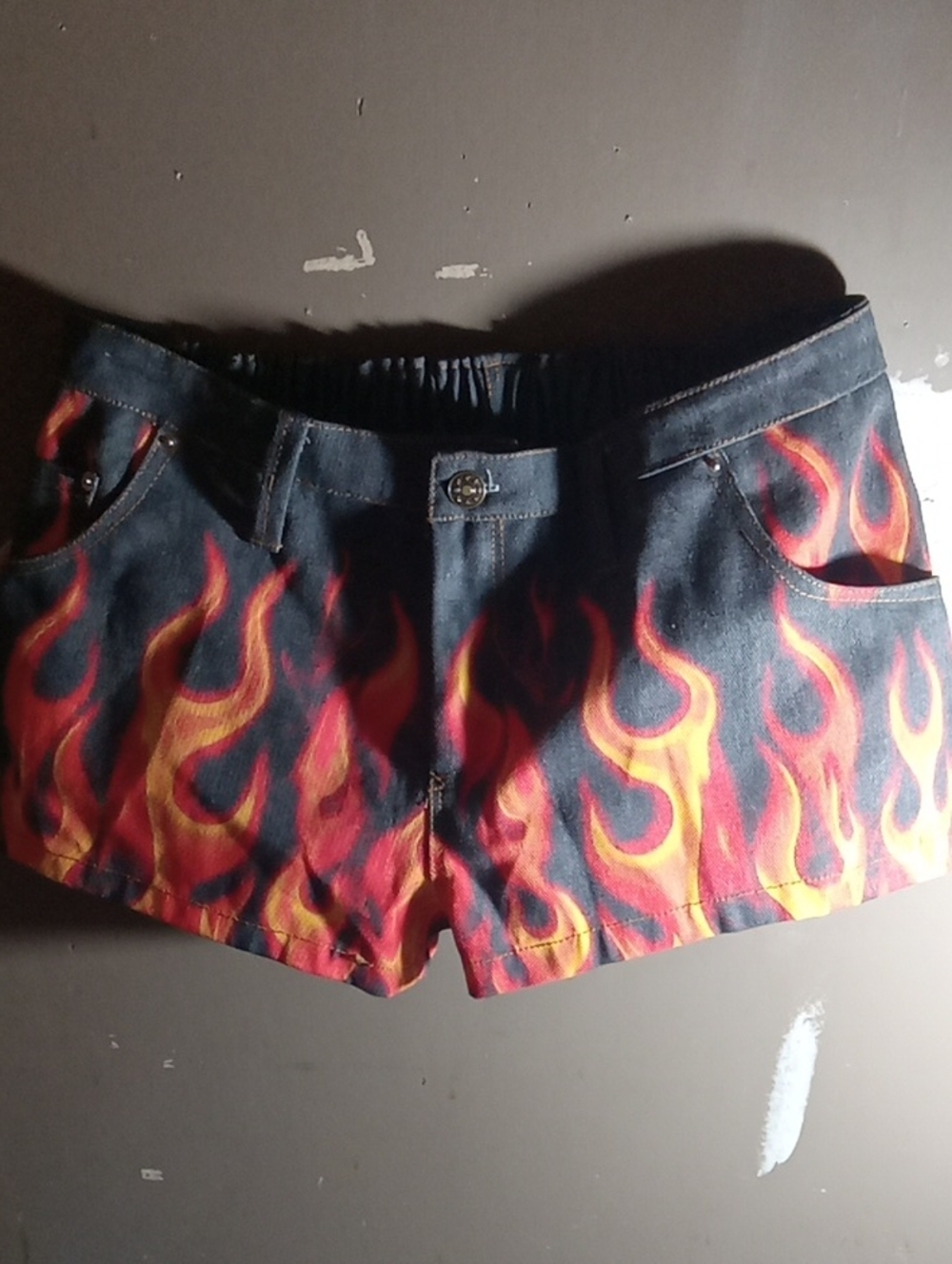 Flame-Print Denim Shorts - Red and Orange Flames